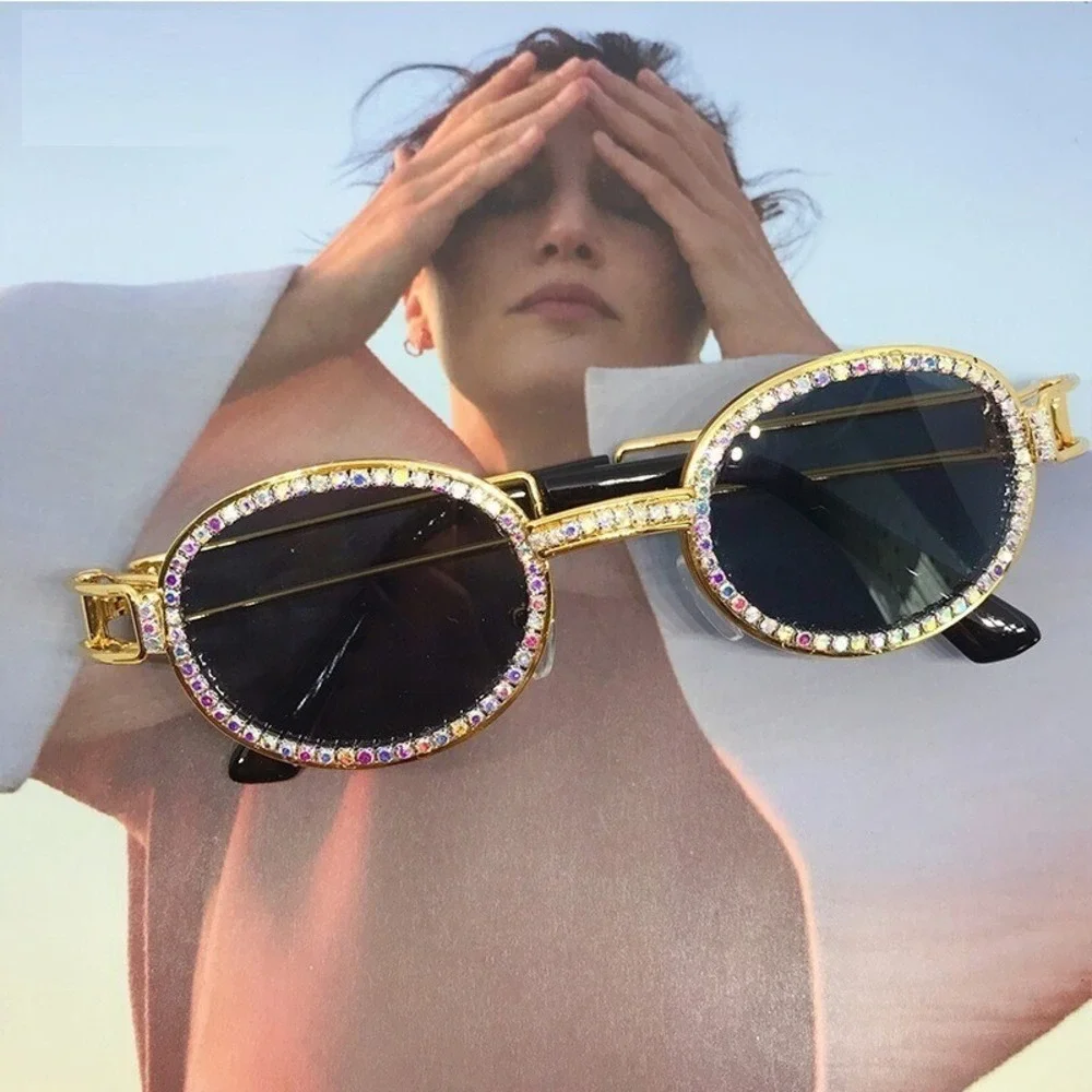 Rhinestone Sunglasses Oval Frame Gold Metal Designer Fashion Men Hip Hop Diamond