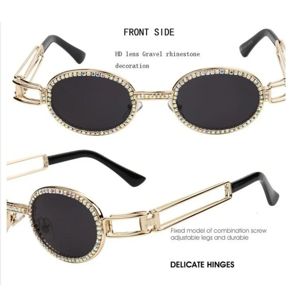 Rhinestone Sunglasses Oval Frame Gold Metal Designer Fashion Men Hip Hop Diamond