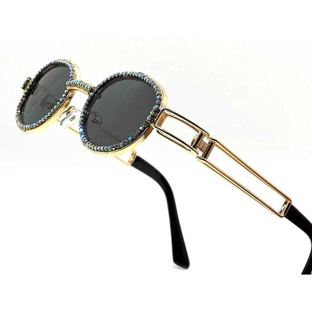 Rhinestone Sunglasses Oval Frame Gold Metal Designer Fashion Men Hip Hop Diamond