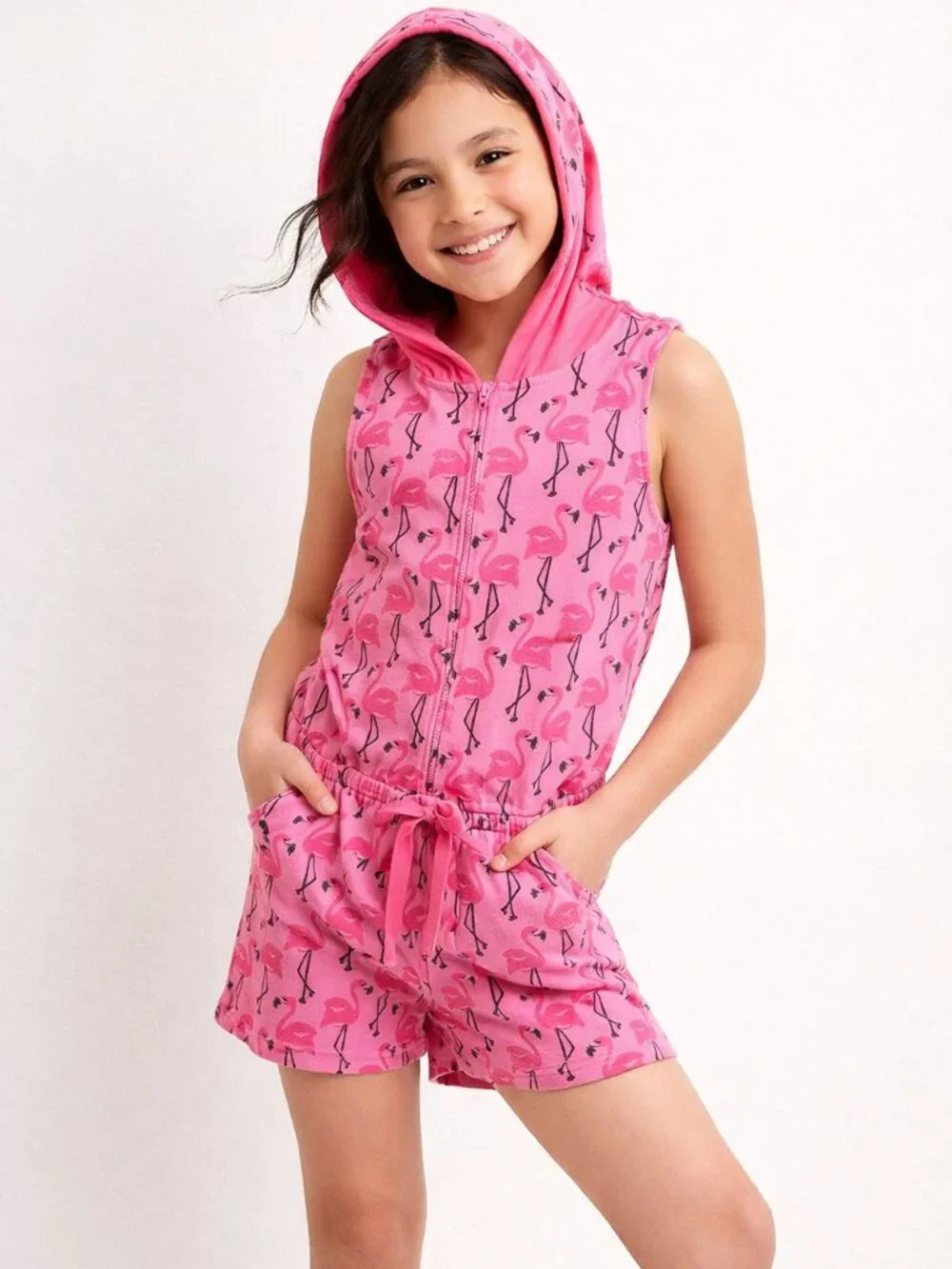 Justice Girls Graphic Hoodie Romper Pink Black Flamingos Sleepwear Size 10