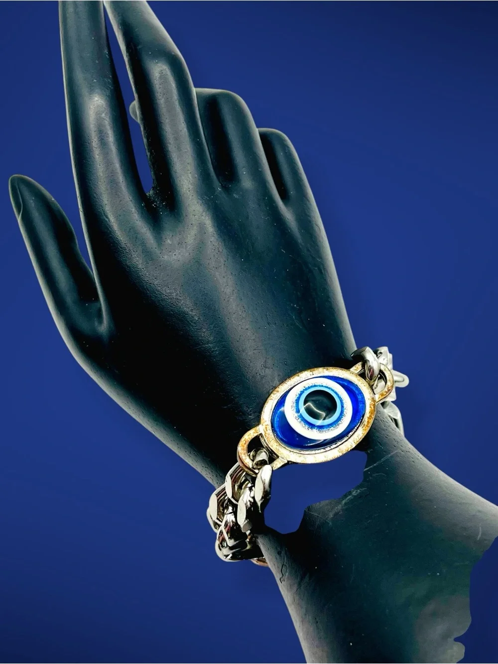 Stainless Steel Evil Eye Curb Chain Bracelet Blue Nazar Protection Amulet