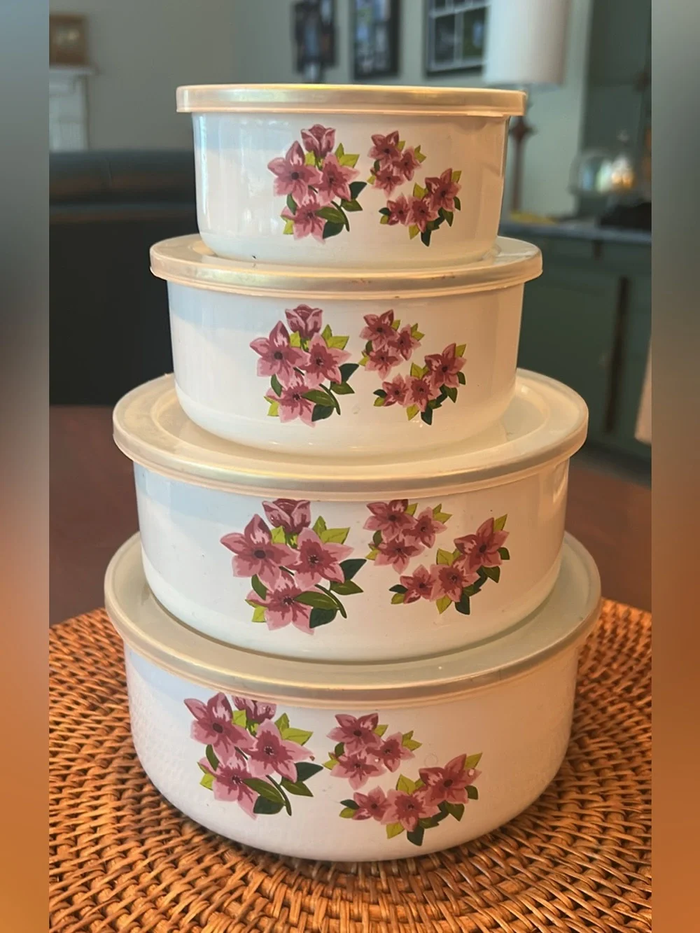 Stackable White Floral Storage Bowls with Lids -  enamel finish see callout pic