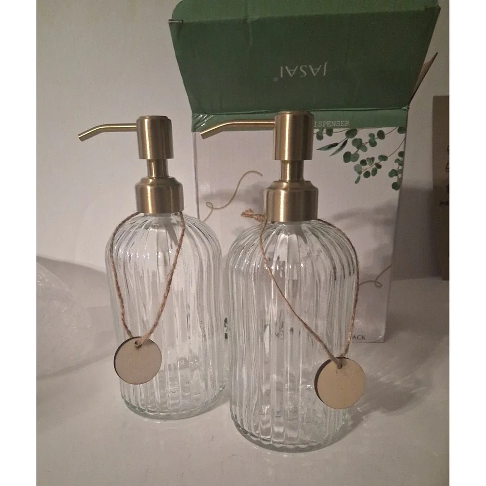 2 Jasai 18oz Simple Glass Soap Dispensers with Pump, Refillable Kitchen Bath New