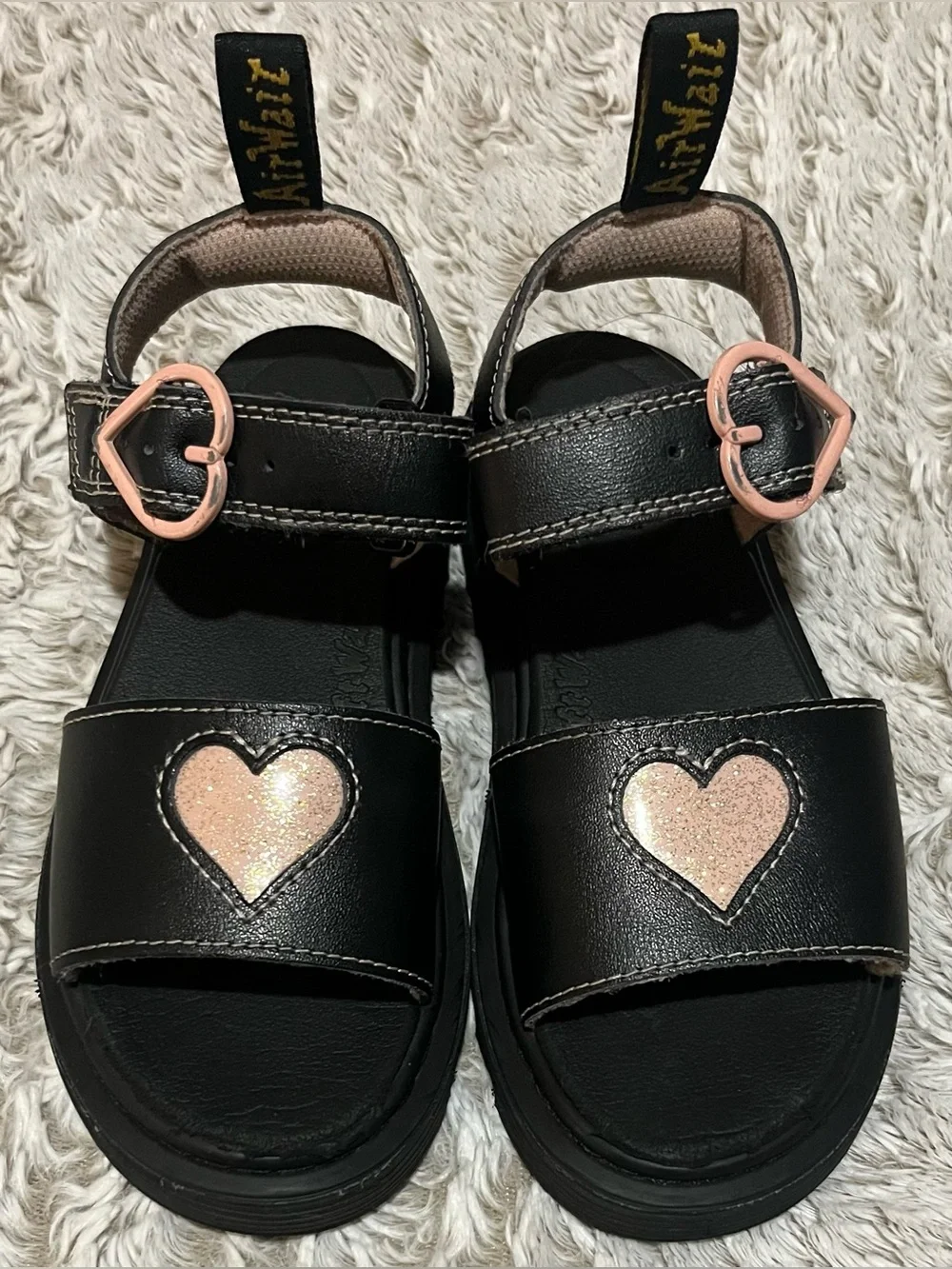 Dr. Martens Black Kids Sandals with Pink Glitter Hearts