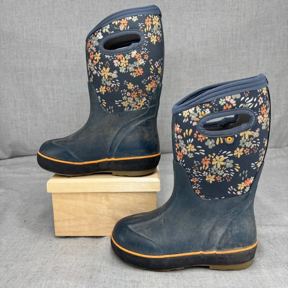 Bogs Kids Neo Classic Rain Boots Navy Floral Waterproof Insulated Snow Size 12