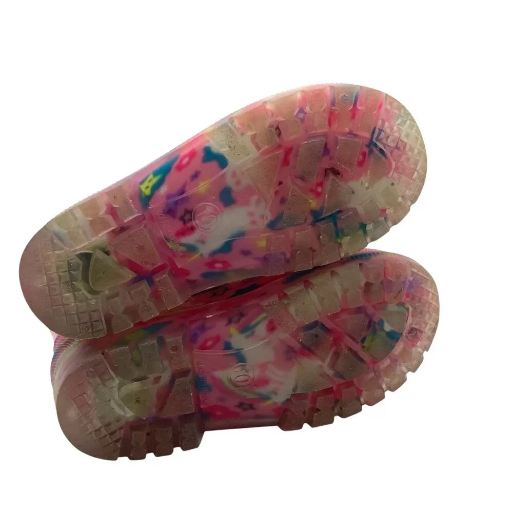 Light Up Pink Unicorn‎ Stars Print Rain Boots Girl Toddler Size 10 Handles