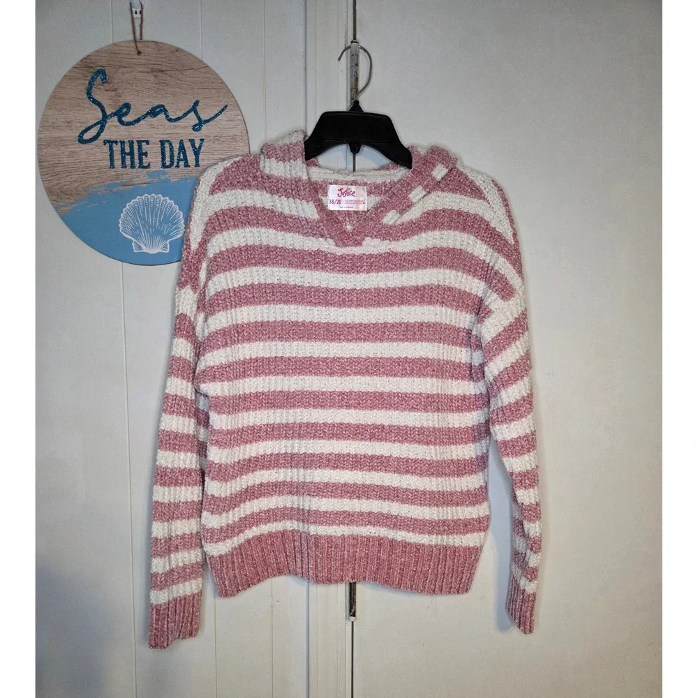Justice Girls Pink White Striped Chenille Knit Hoodie Sweater Juniors 18/20