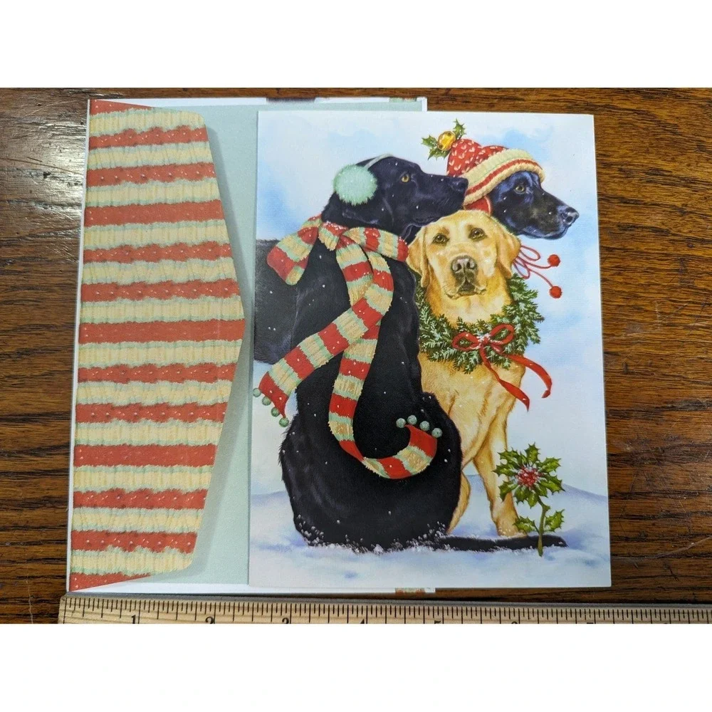 Vintage New Guiding Eyes Christmas Greeting Card Yellow Black Lab Puppy Dog Snow