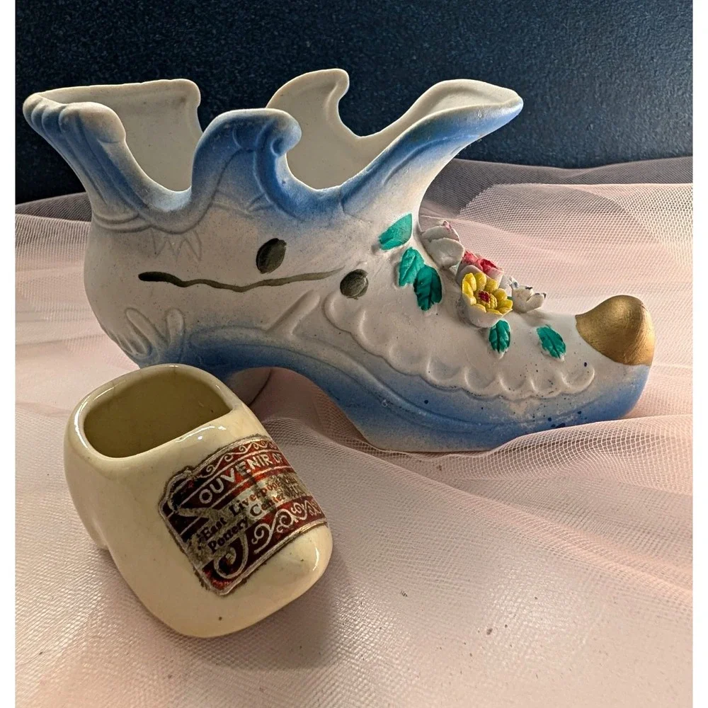 Shoe Figurine & Planter Set East Liverpool Ohio Souvenir Clog Kass USA Floral