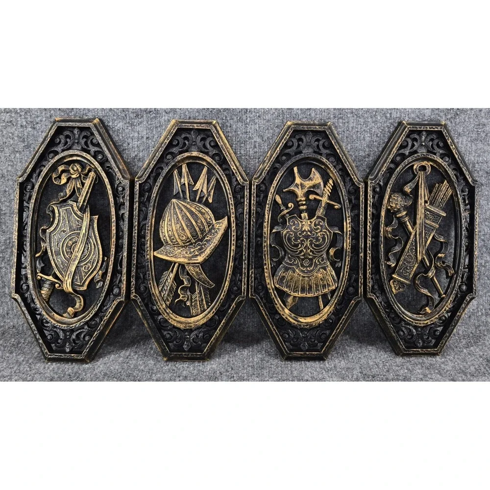 Vtg Medieval Wall Plaques Black Gold 1968 Gothic Heraldic Spanish 4pc Set