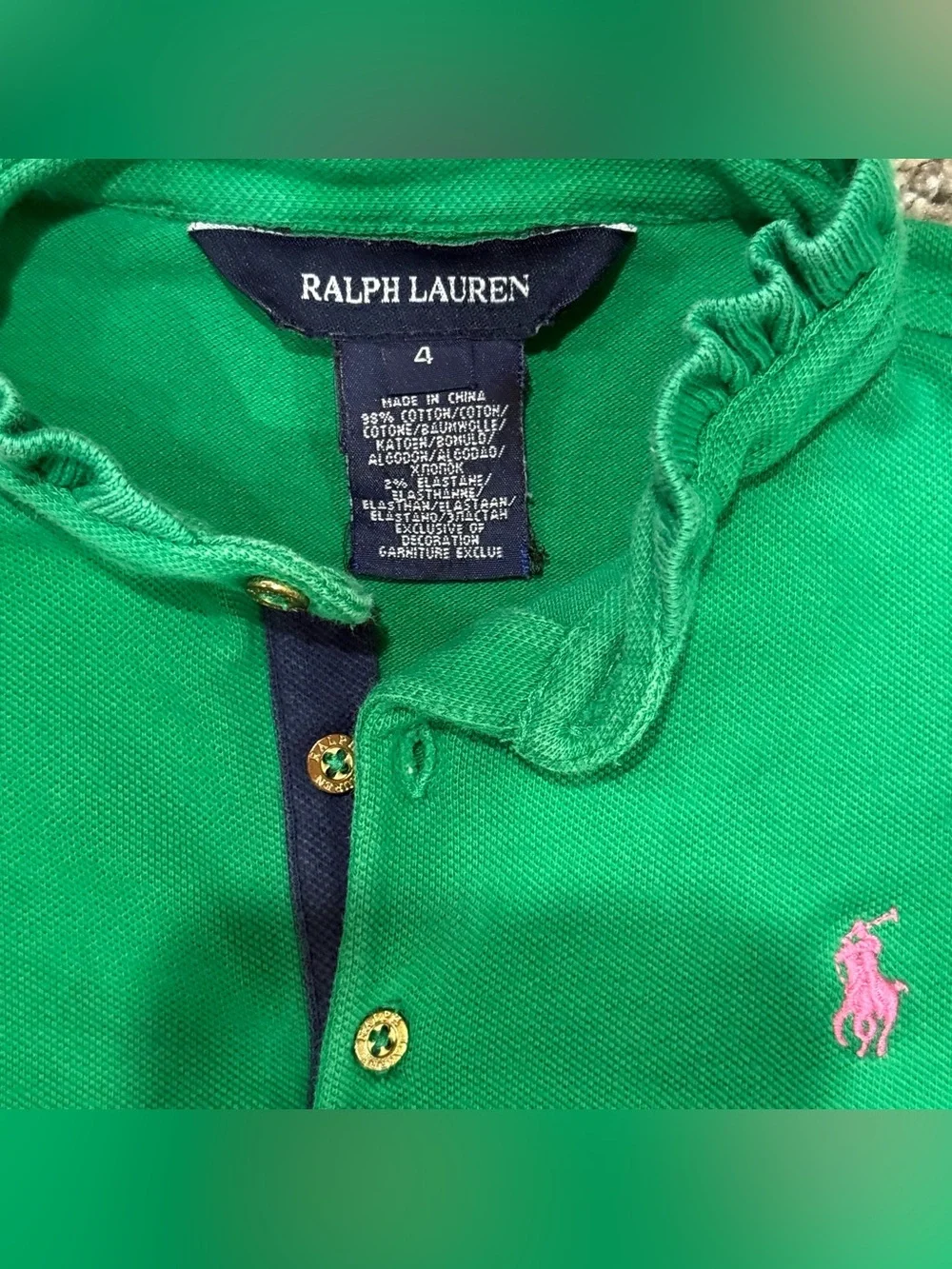 Ralph Lauren Polo Shirt Girls Size 4 Green Ruffle Collar Preppy