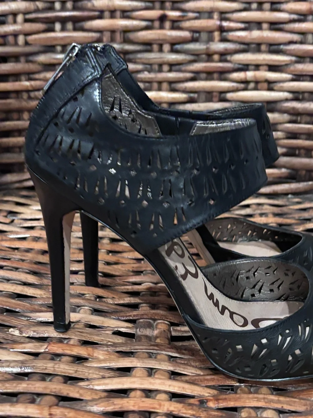 Sam Edelman Black Laser-Cut Ankle-Strap Stiletto Heels in size 10