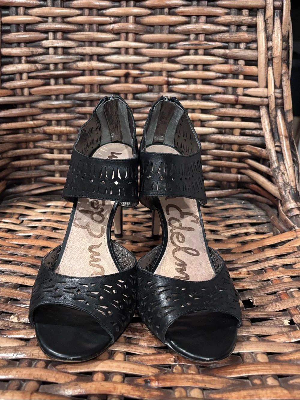 Sam Edelman Black Laser-Cut Ankle-Strap Stiletto Heels in size 10