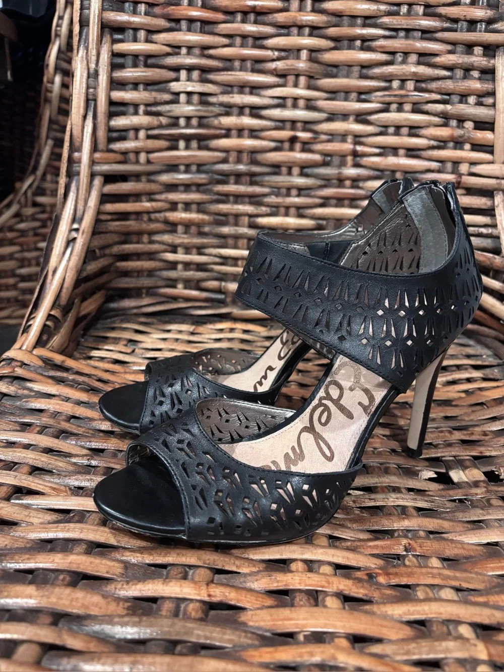 Sam Edelman Black Laser-Cut Ankle-Strap Stiletto Heels in size 10