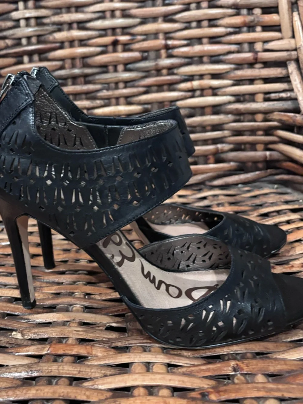 Sam Edelman Black Laser-Cut Ankle-Strap Stiletto Heels in size 10
