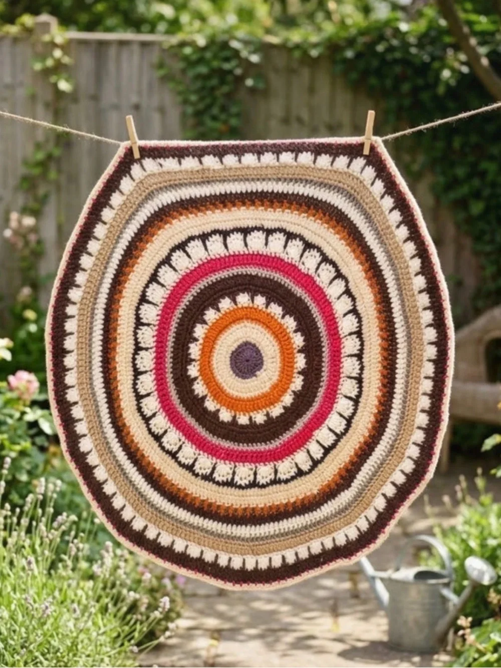 Handmade Crochet Round Throw in Cream, Brown, Pink & Orange