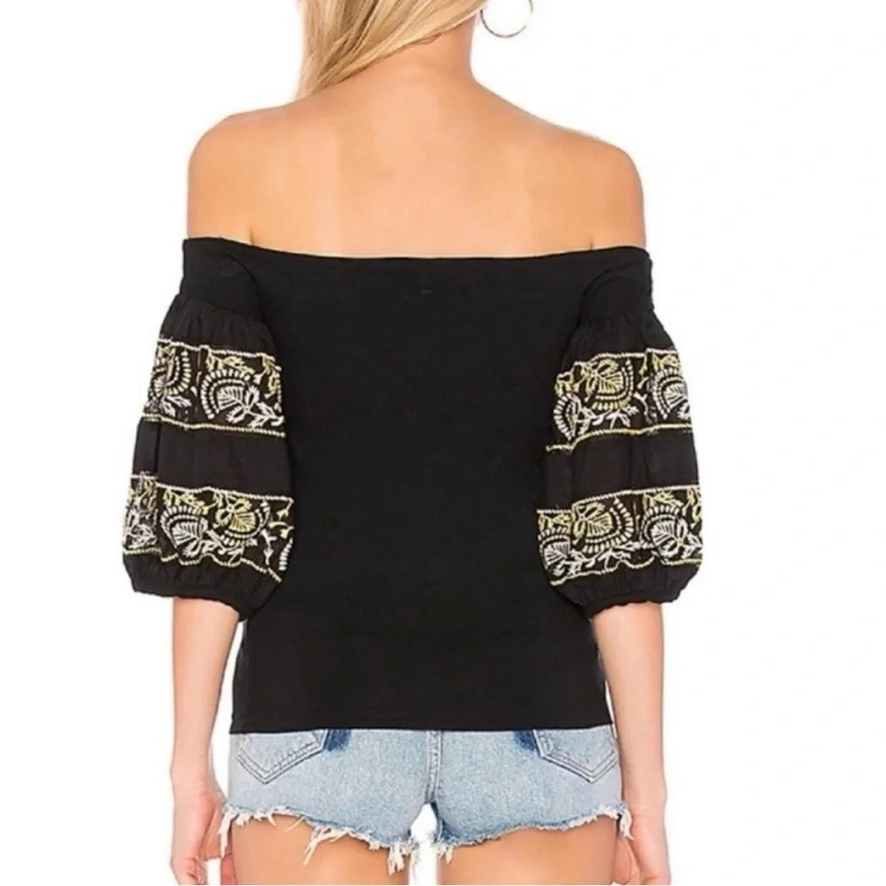 Free People Rock With It Off-Shoulder Embroidered Puff Sleeve Top Boho Size S