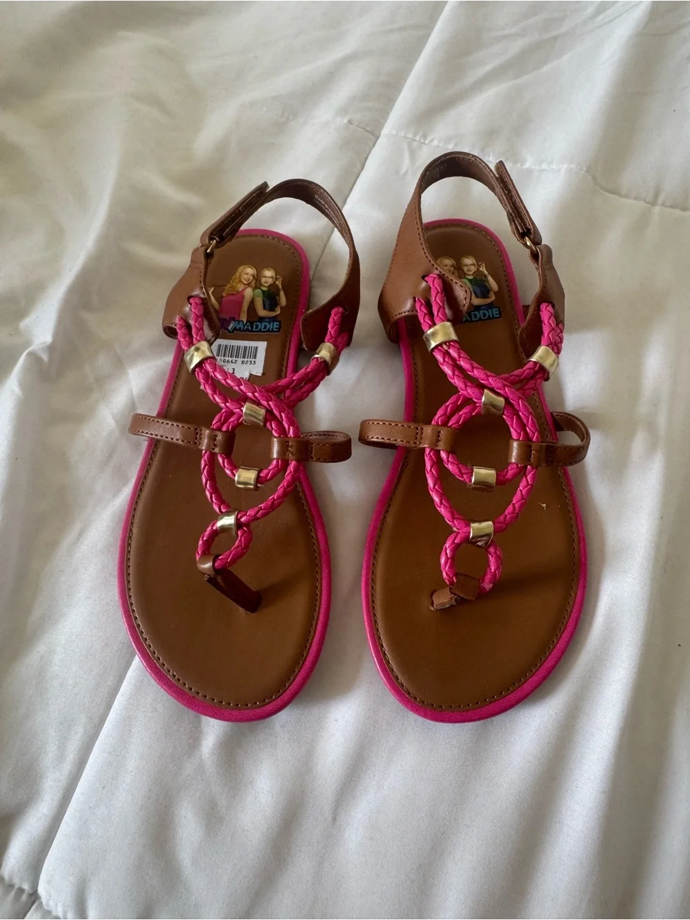 Girls Brown Sandals with Pink Braided Straps sz 1