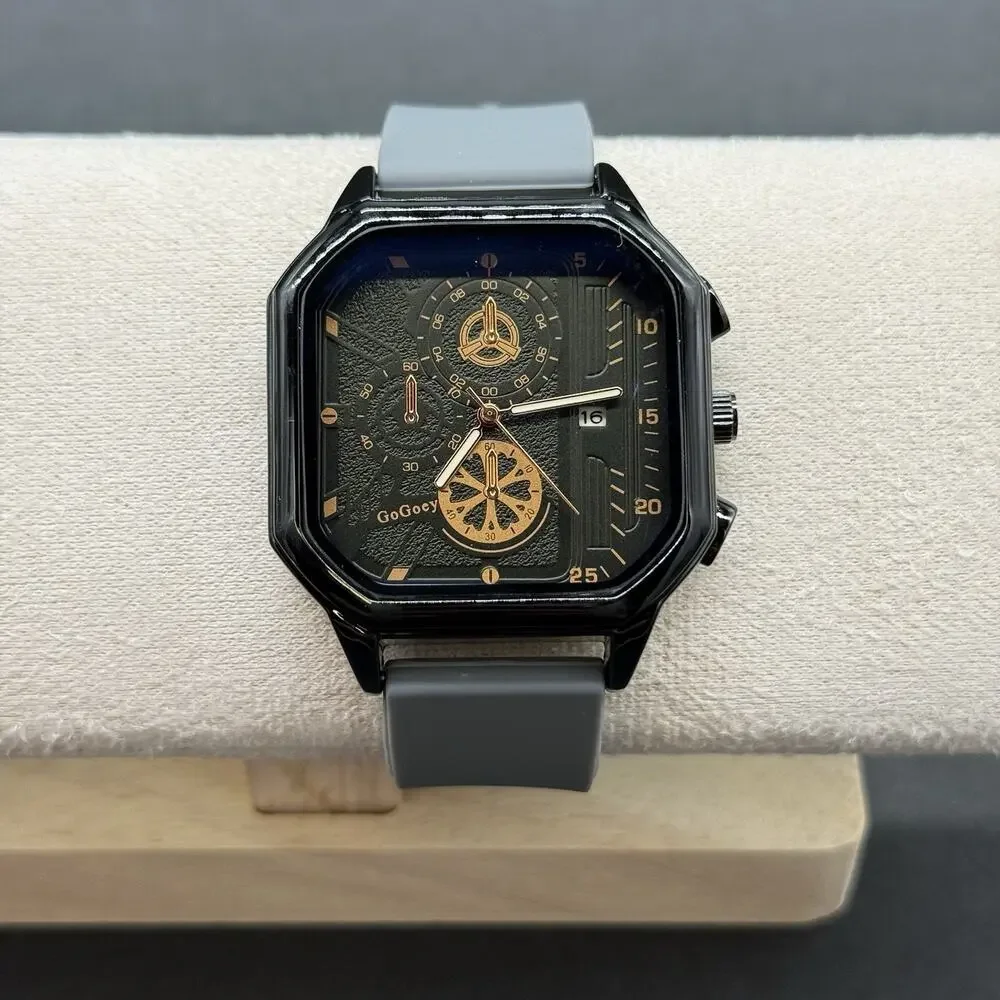 Gogoey Men's Watch Octagon Black Case Grey Silicone Band Gold Faux Chrono New