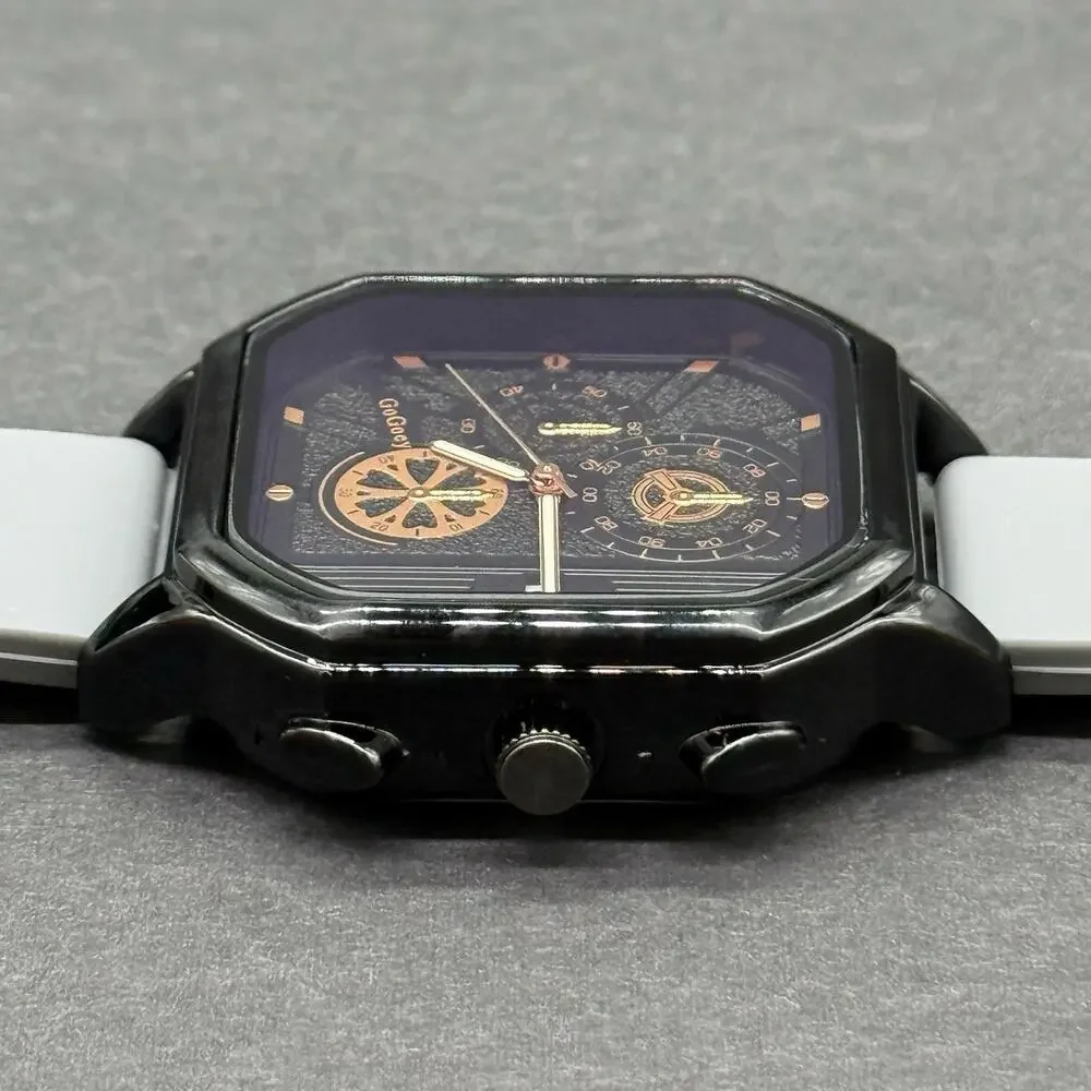 Gogoey Men's Watch Octagon Black Case Grey Silicone Band Gold Faux Chrono New
