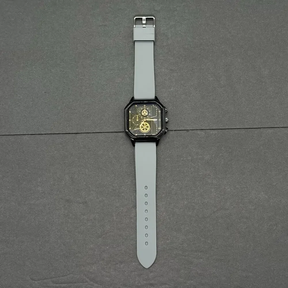 Gogoey Men's Watch Octagon Black Case Grey Silicone Band Gold Faux Chrono New
