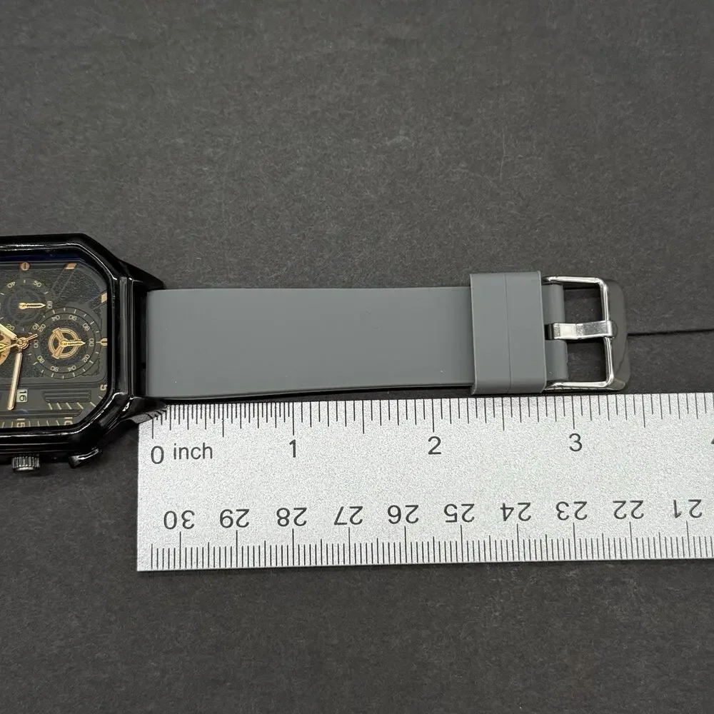 Gogoey Men's Watch Octagon Black Case Grey Silicone Band Gold Faux Chrono New