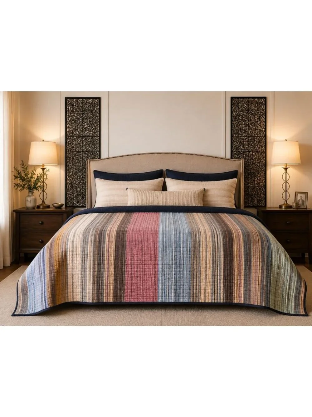RetroChic Reversible Striped Comforter 95x106 King Queen Quilt Blanket Bedspread