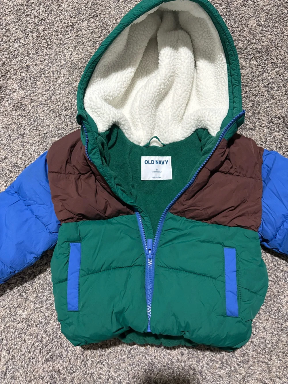 Old Navy Kids Colorblock Puffer Jacket in Green, Brown & Blue