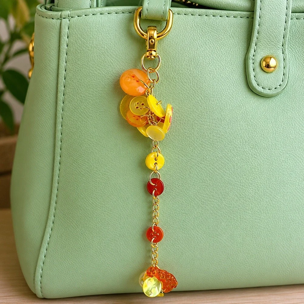 Handmade‎ Button Bag Charm Yellow Orange Gold Tone Keychain Purse Accessory 6.5