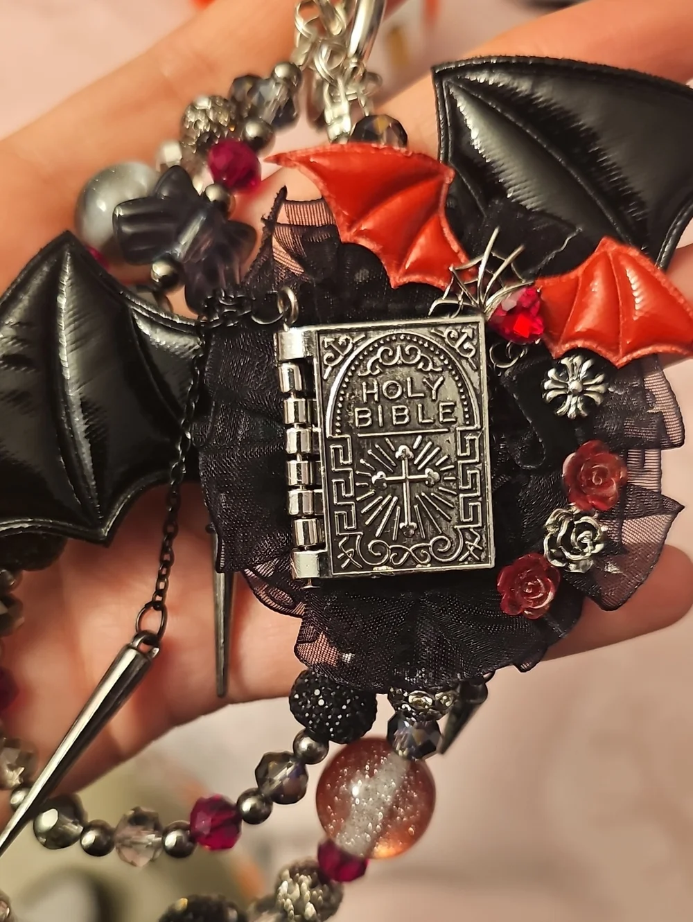 Gothic Black & Red Bat Charm Keychain with Holy Bible Accent