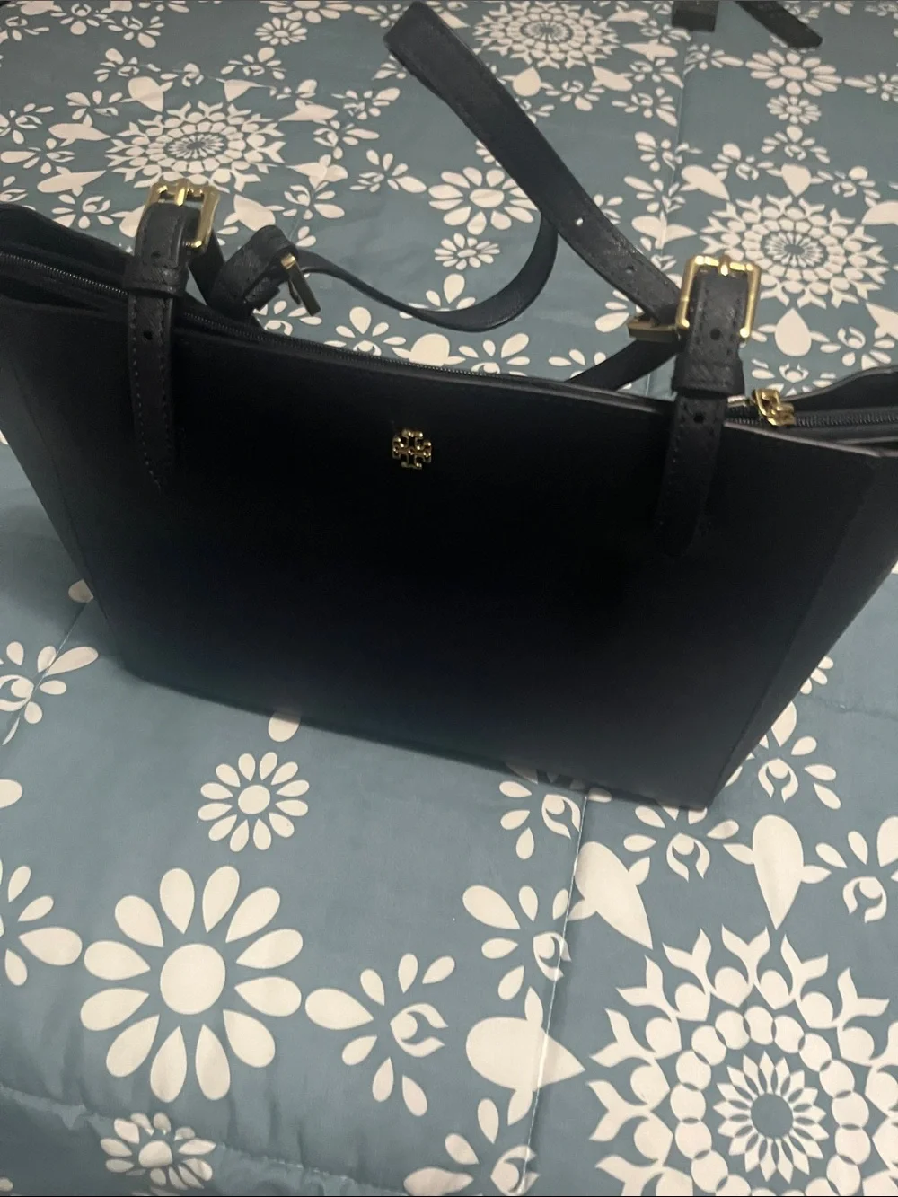 Tory Burch dark blue Leather Shoulder Tote with silver Hardware
