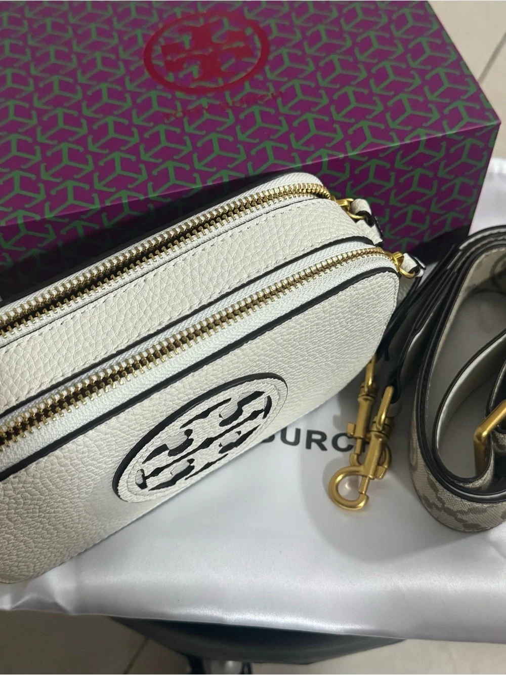 Tory Burch White Pebbled Leather Logo Crossbody