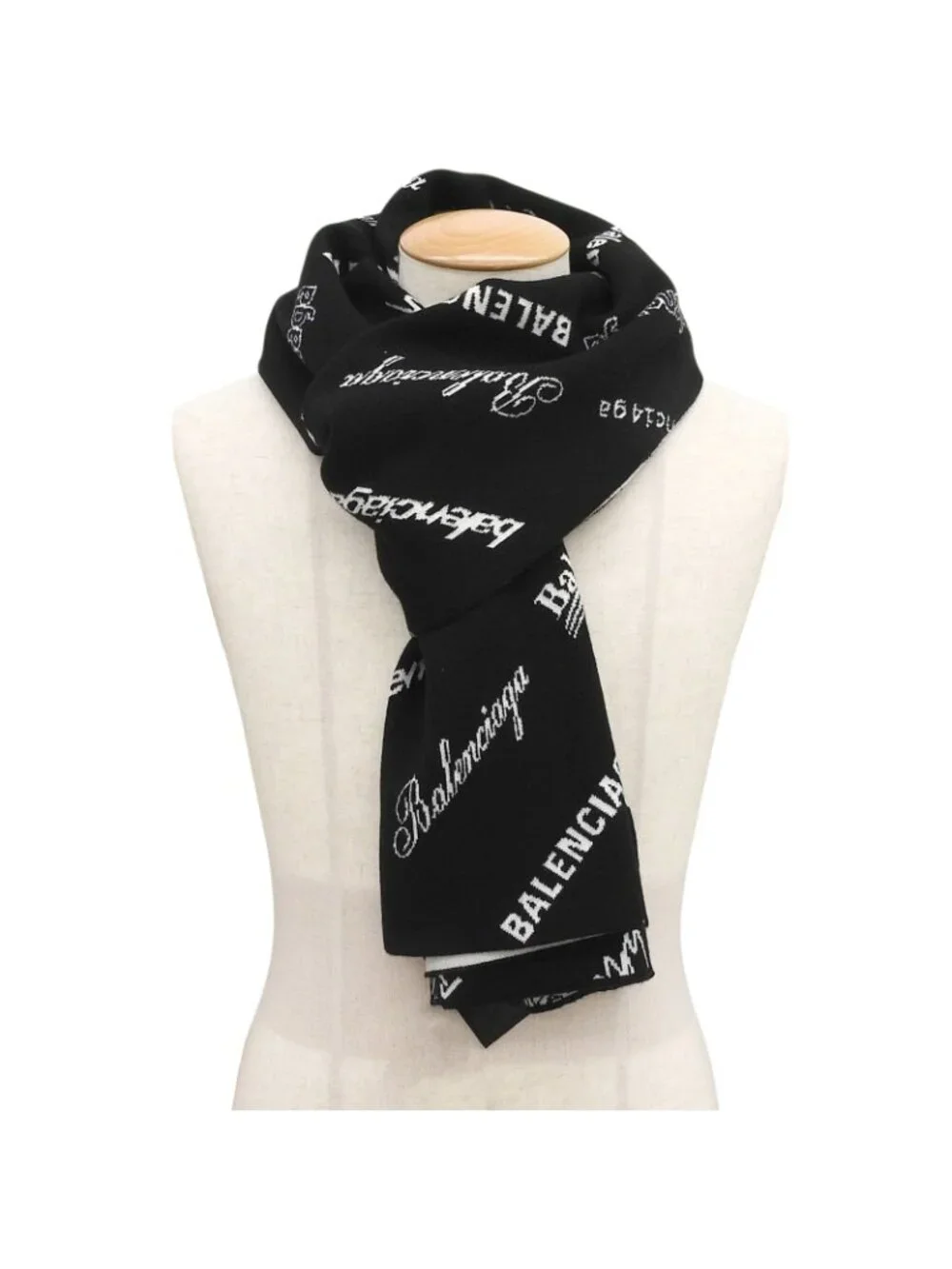 Balenciaga Logomania All Over Wool Reversible Scarf Black White