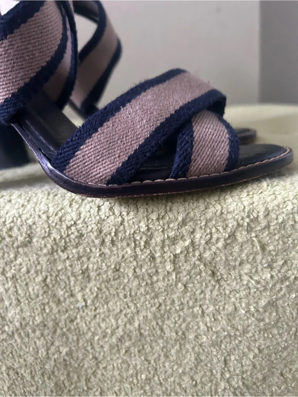 Tory Burch Navy and Beige Striped Block Heel Sandal