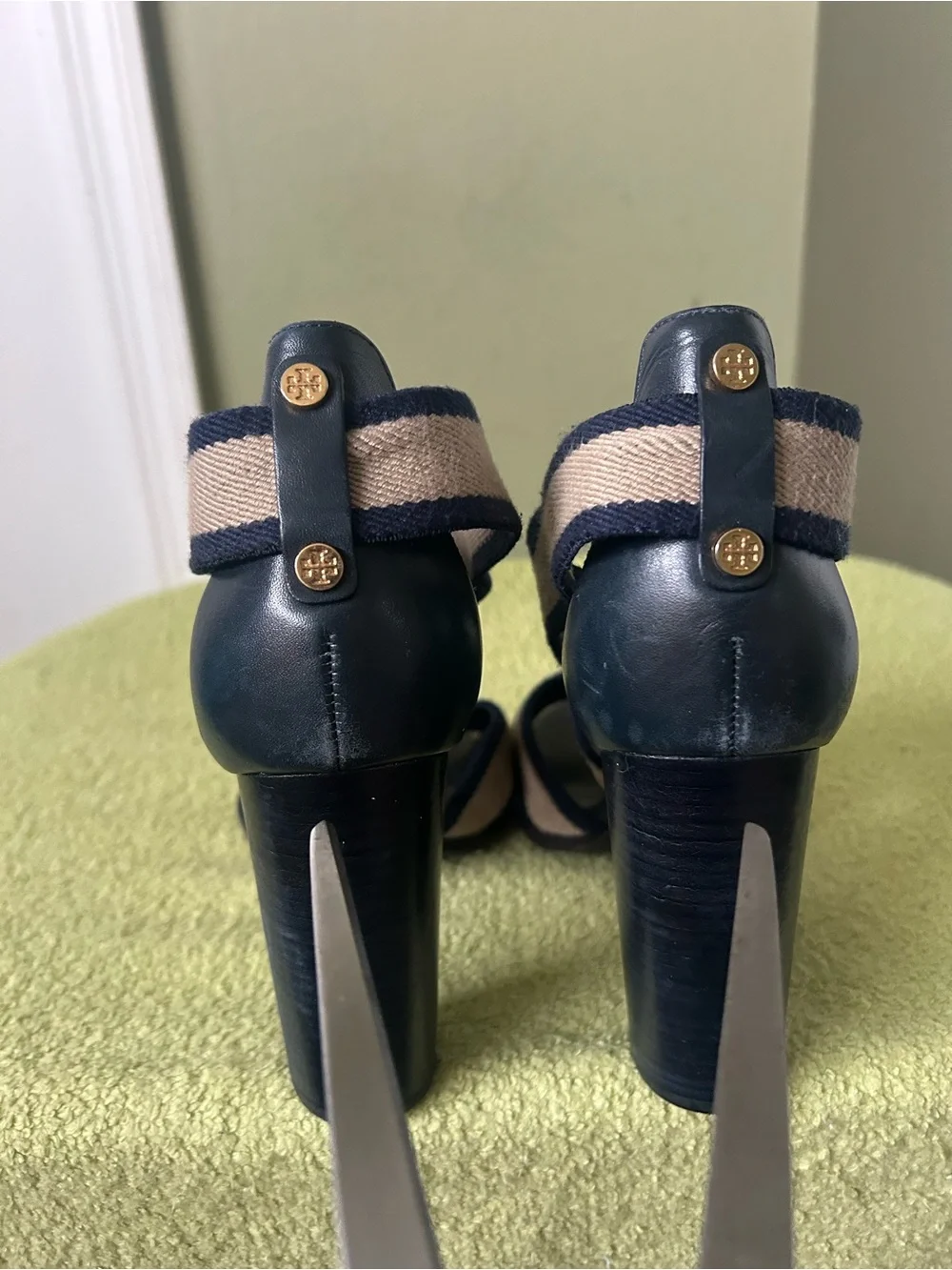 Tory Burch Navy and Beige Striped Block Heel Sandal