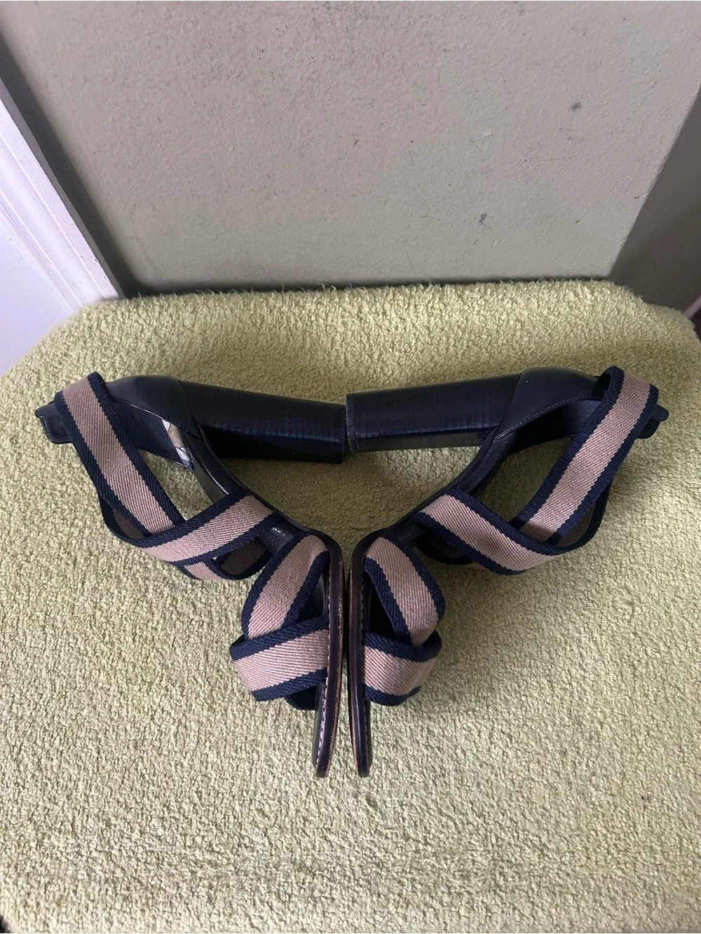 Tory Burch Navy and Beige Striped Block Heel Sandal