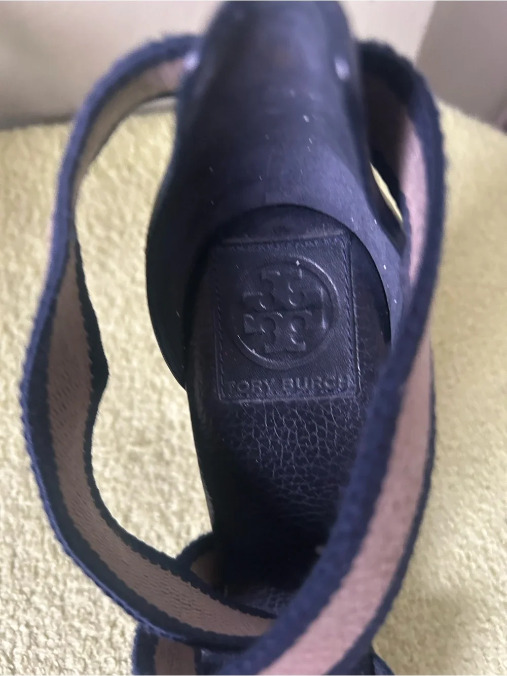Tory Burch Navy and Beige Striped Block Heel Sandal