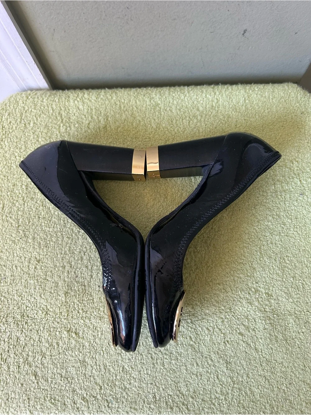 Tory Burch Black Patent Leather Block Heel Pumps with Gold Logo Accent