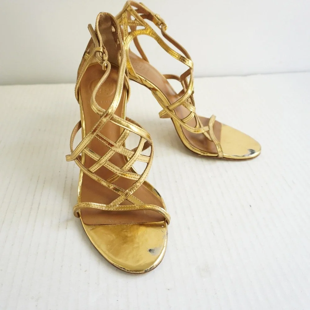 Tory Burch Amalie Metallic Cage Sandal Gold Strappy Sandals Party Shoes Prom 8.5