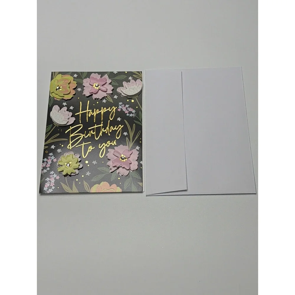 Handmade 3D Floral Happy‎ Birthday Card Gold Foil Rhinestone Botanical Blank