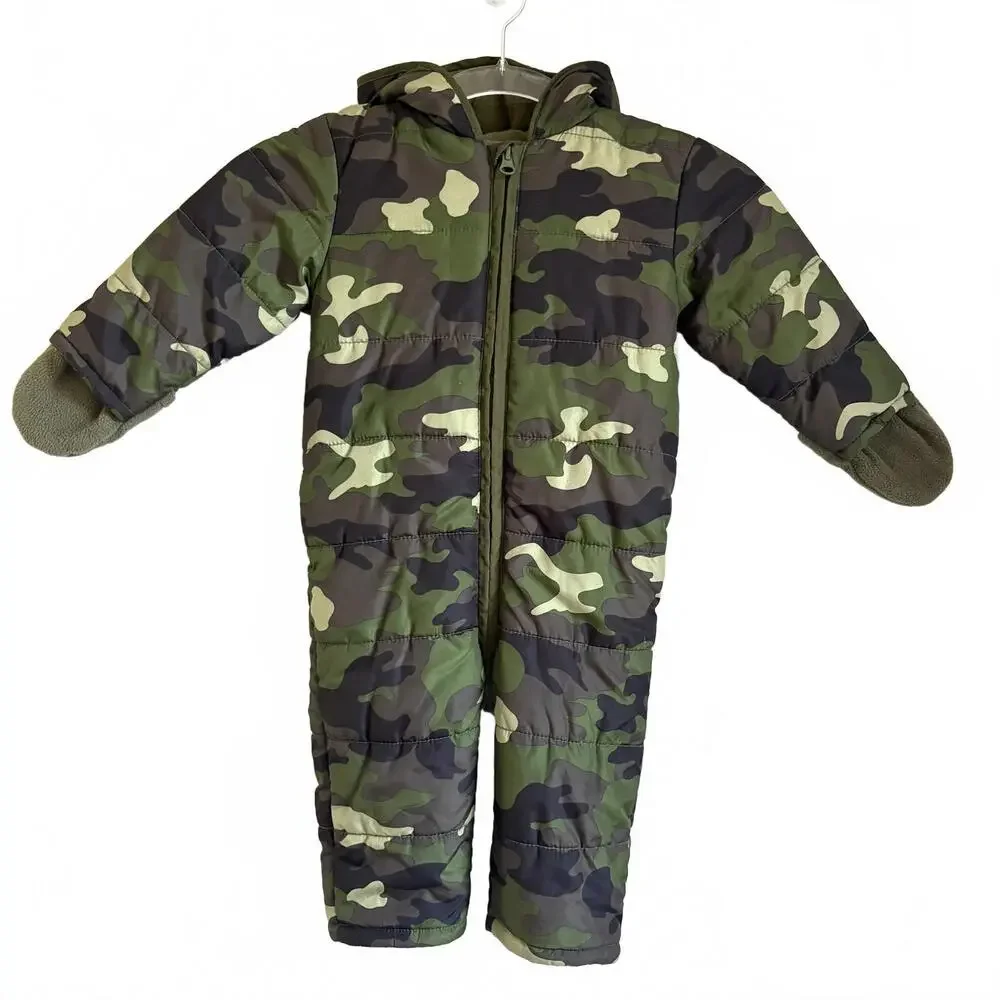 Old Navy | Toddler Snowsuit Green Black Camo Fold‎ Over Cuffs Hood Size 18-24mo