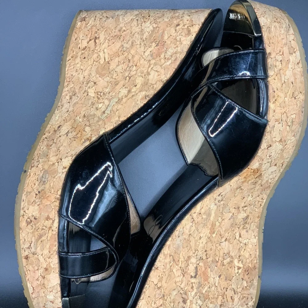 Jimmy Choo Black Patent Cork Wedge Sandals