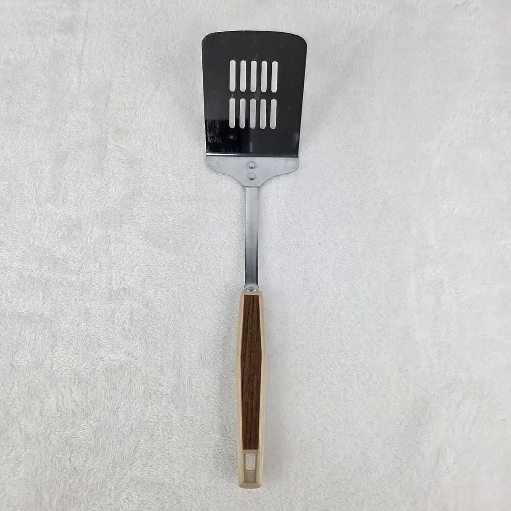 Vintage Japan Stainless Steel Slotted Spatula Turner MCM Plastic Almond Handle