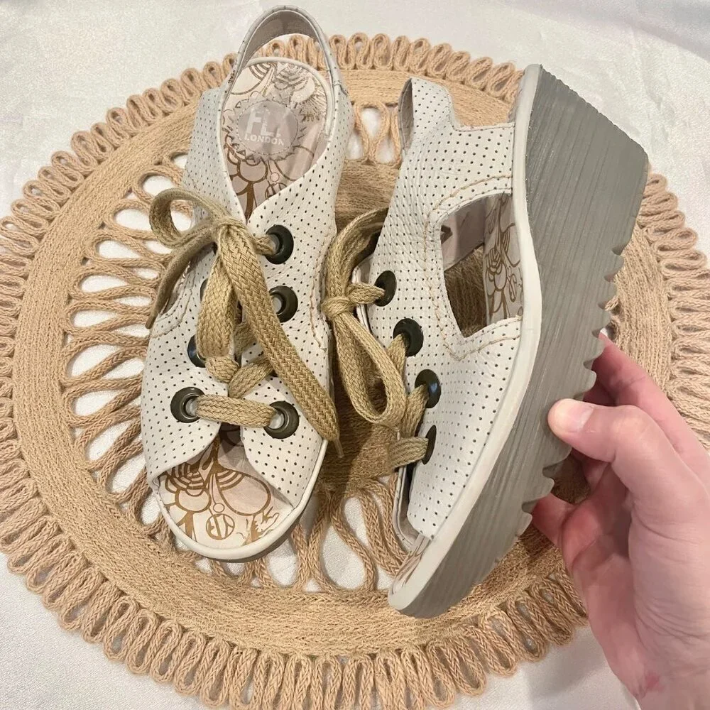 Fly London Ylva Ice Blue Perforated Leather Platform Wedge Sandals EU 40