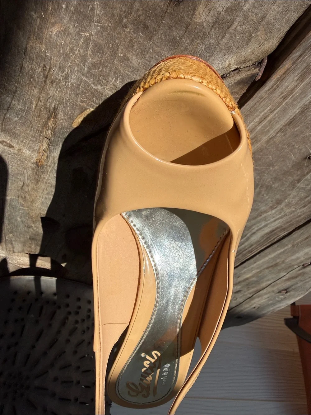 Gucci Beige/Tan Peep-Toe Slingback Wedge Heels