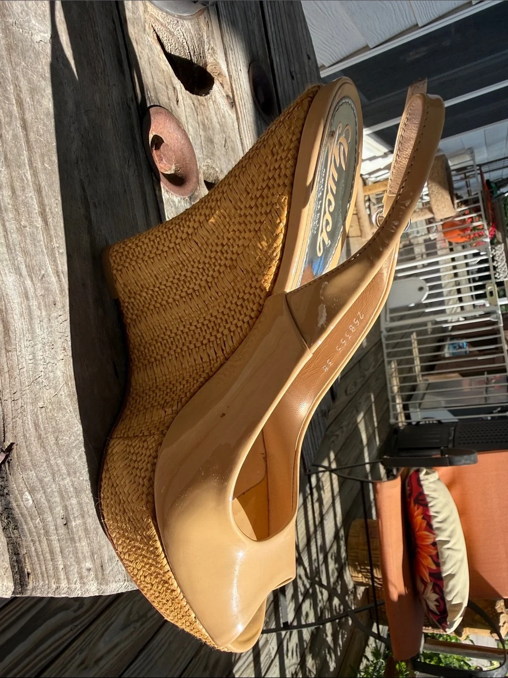 Gucci Beige/Tan Peep-Toe Slingback Wedge Heels