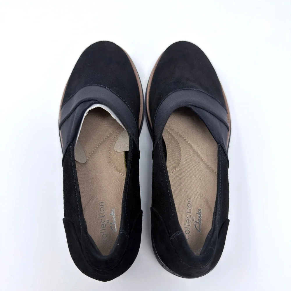 Clarks Sharon Pump Black Suede Wedge Loafers Womens 5.5M Slip On Shoes