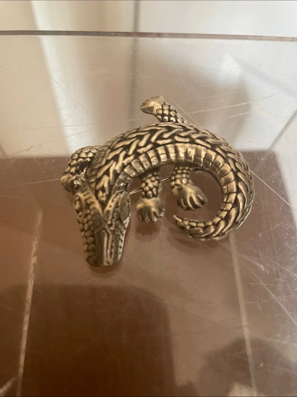 Silver Crocodile Reptile Figurine Brooch - stamped .925