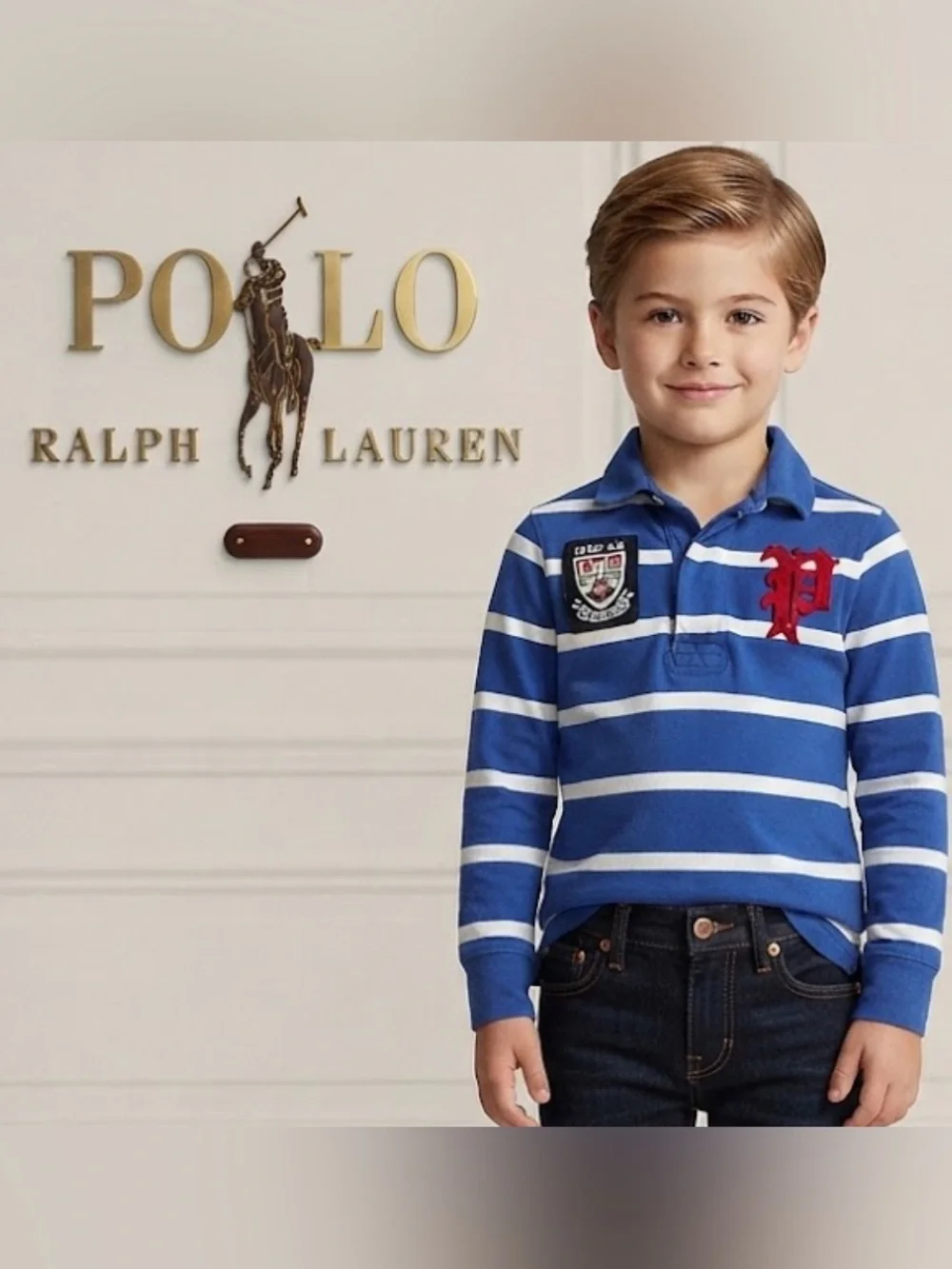 Authentic Ralph Lauren Polo boys navy designer long sleeve rugby polo shirt sz S