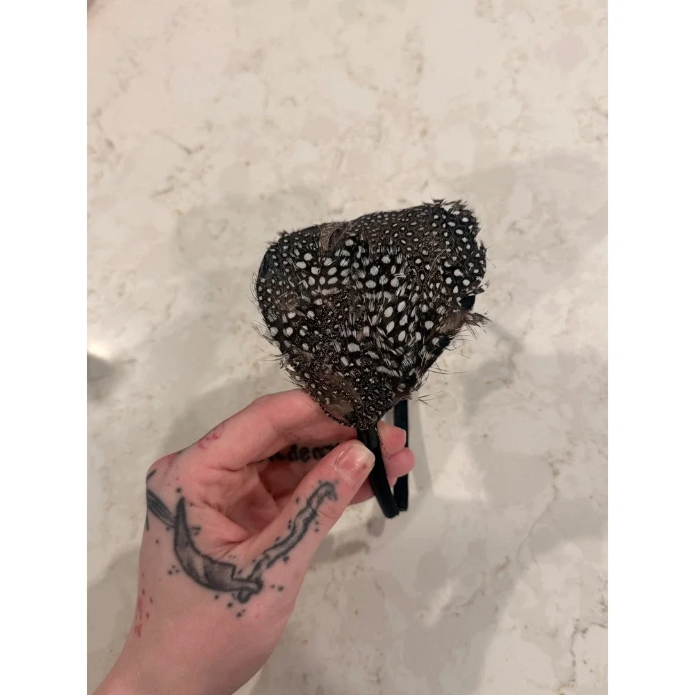 Black White Spotted Guinea Fowl‎ Feather Headband Fascinator Hair Accessory